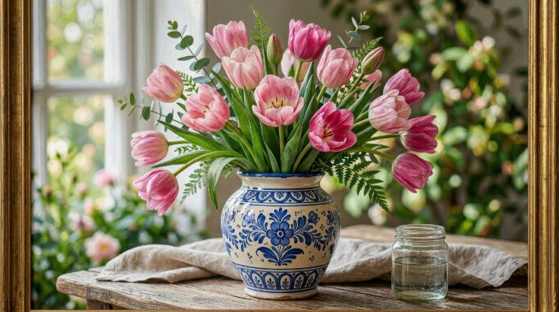 A hand-painted bouquet of pink tulips in a decorative ceramic vase with blue ornament, fresh spring elegance and soft botanical charm, ultra-realistic, no logos.