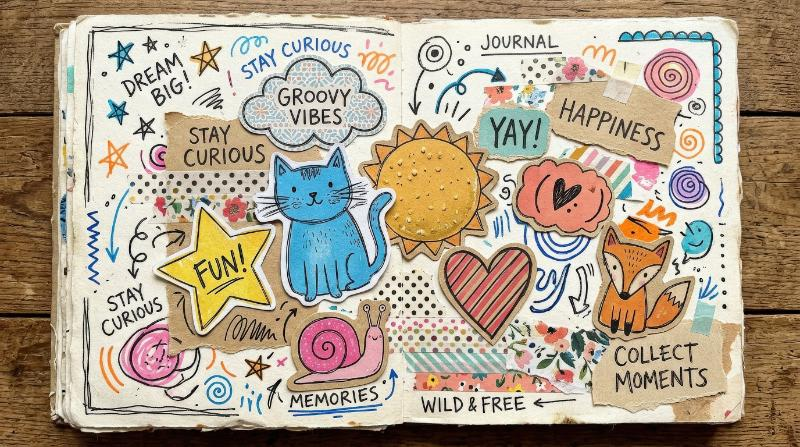 A playful set of collage doodles and funky paper stickers, scribbled shapes, rough cut edges and a lighthearted handmade scrapbook vibe, ultra-realistic, no logos.