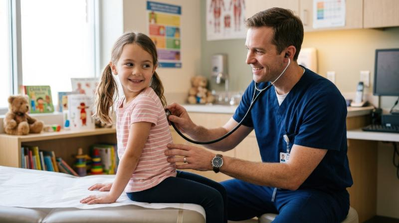 A smiling male pediatrician examining a girl's back with a stethoscope in a hospital, calm child, caring posture, soft clinical lighting, reassuring medical scene, ultra-realistic, no logos.