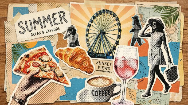 A summer holiday halftone collage set with pizza slice, wine glass, coffee cup, croissant, Ferris wheel and stylish female silhouettes, sun-washed travel energy, dotted paper textures, playful leisure