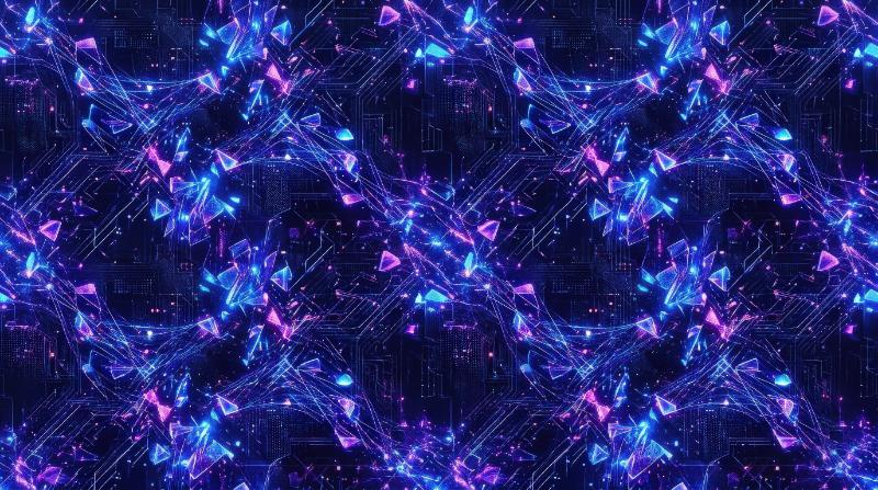 A seamless digital pattern of glowing fragments and lines in blue-purple tones, layered cyber texture with virtual-space energy, ultra-realistic, no logos.
