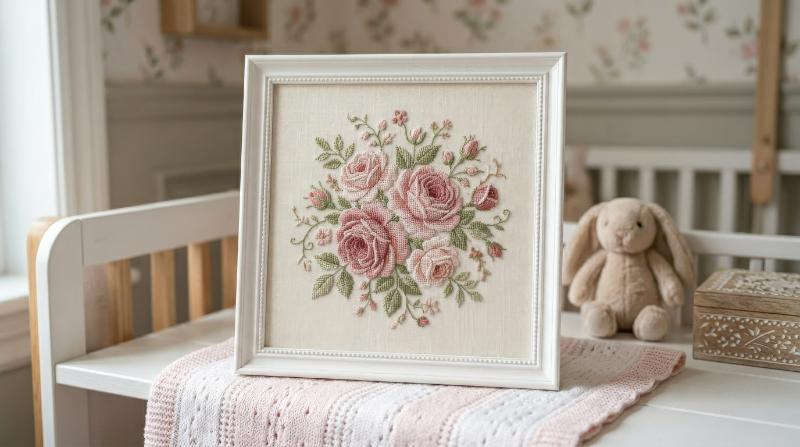 Luxury baby girl rose embroidery with delicate cross-stitch petals, elegant pink floral nursery element with refined stitched softness, ultra-realistic, no logos.
