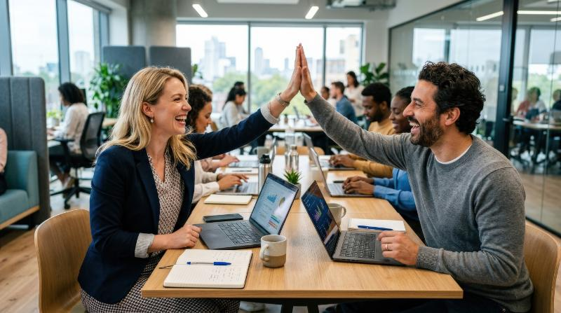 A cheerful female business expert giving a high-five to a colleague during a meeting in a tech office, open laptops, bright smiles, celebratory teamwork, ultra-realistic, no logos.