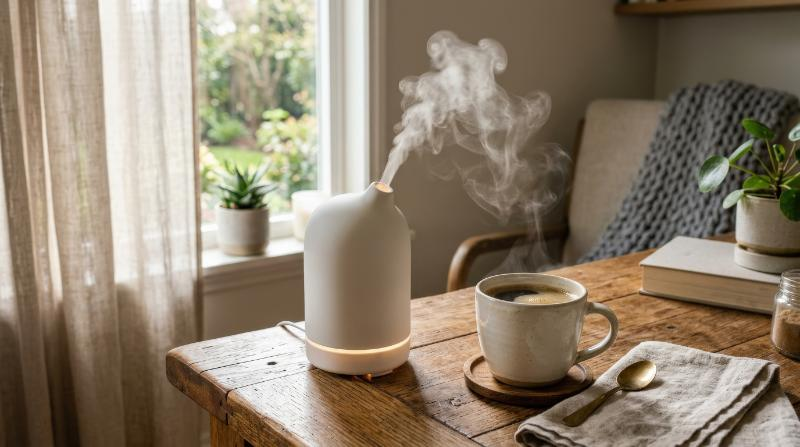 A white aroma diffuser releasing soft steam beside a cup of coffee on a wooden table, warm textures, gentle mist, calm morning light, soothing cozy atmosphere, ultra-realistic, no logos.