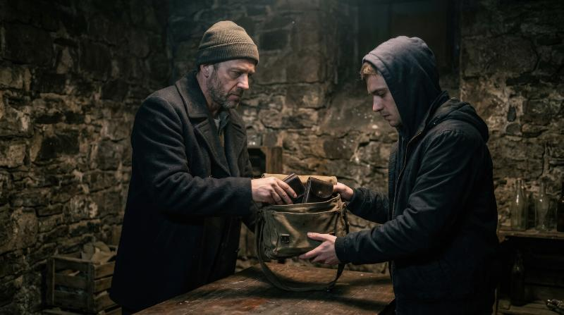 A man giving a bag of money to another in a dimly lit room, rough stone background, moody shadows and a secretive atmosphere of betrayal, ultra-realistic, no logos.