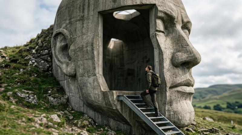A man climbing stairs into a giant human head sculpture, monumental facial outline, open interior space, soft directional light, atmosphere of exploring thought and inner awareness, ultra-realistic,
