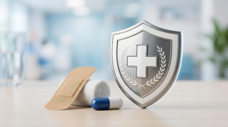 A polished medical icon arrangement with pill, bandages, and protective health shield on a soft backdrop, clean modern healthcare mood, ultra-realistic, no logos.