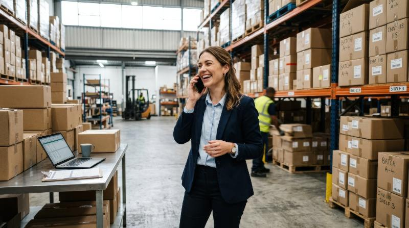 A happy young businesswoman speaking on the phone in a warehouse, stacked boxes behind her, practical workspace, bright industrial light and efficient upbeat mood, ultra-realistic, no logos.