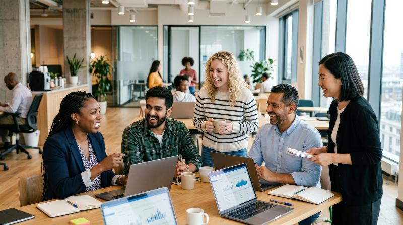 A diverse happy team of employees enjoying work in a modern corporate office, open-plan layout, laptops and conversation, bright natural light and a positive inclusive atmosphere, ultra-realistic, no