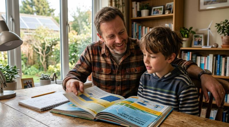 A father and son looking for information about renewable energy, shared tablet or book, home learning scene, warm interaction, curious educational atmosphere, ultra-realistic, no logos.