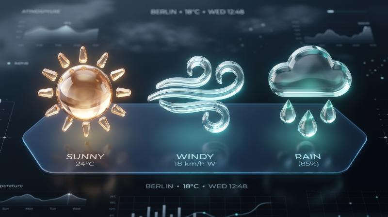 A set of translucent glass weather icons featuring water drops, wind and sun, polished surfaces, soft glow and a clean climate-themed digital atmosphere, ultra-realistic, no logos.