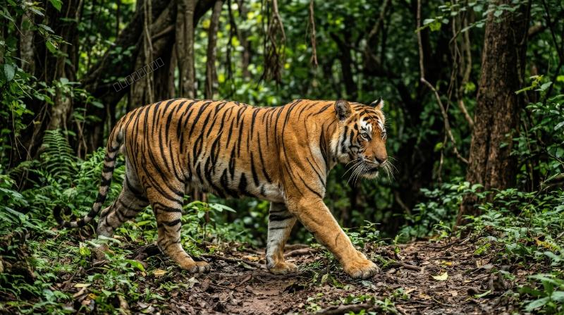 A wild tiger walking majestically, bold striped coat, muscular form and powerful untamed jungle atmosphere, ultra-realistic, no logos.