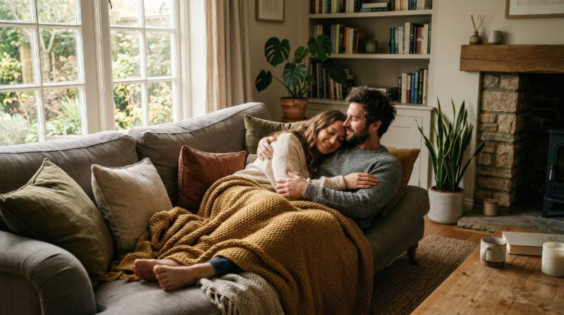 A couple stretched out on a soft couch in a cozy living room, intertwined in relaxed comfort, textured throws and muted cushions, warm window light and gentle shadows, serene intimate mood,