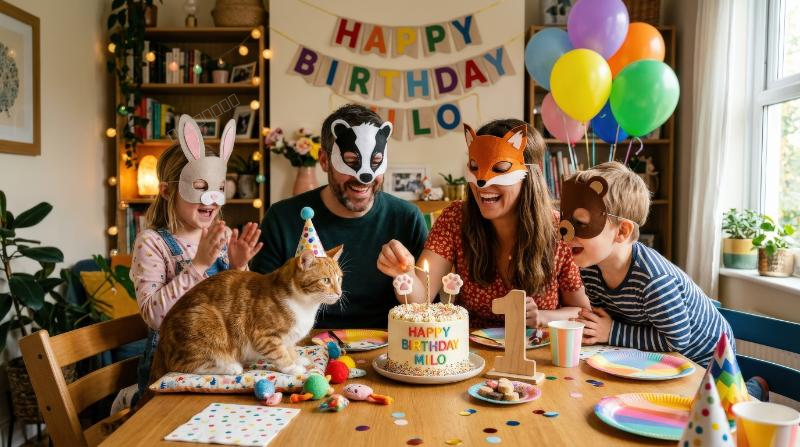 A family wearing playful animal masks while celebrating a cat's birthday at home, festive table, curious pet, balloons and cake, whimsical domestic joy, ultra-realistic, no logos.