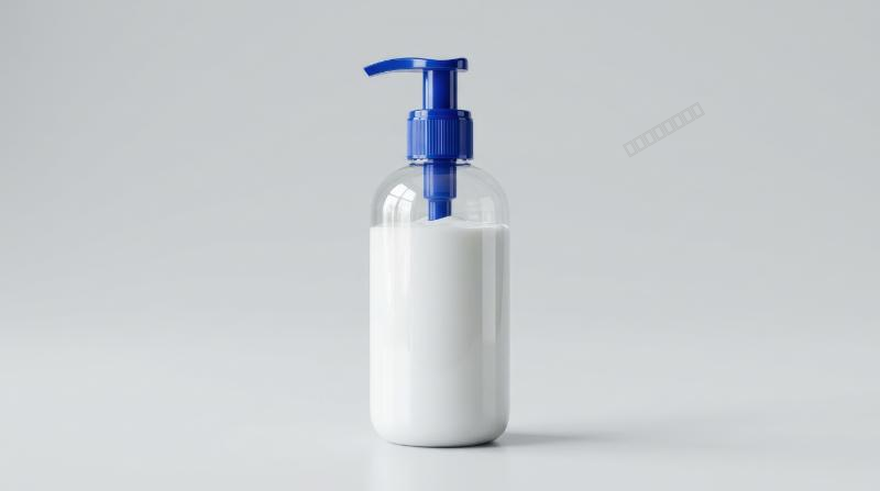 A lotion dispenser with blue trim isolated on a clean background, filled with thick cream, glossy plastic finish and neat cosmetic product styling, ultra-realistic, no logos.