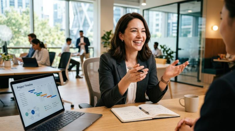 A smiling professional woman discussing a project in a modern office, engaged expression, clean workspace, soft daylight and a capable optimistic atmosphere, ultra-realistic, no logos.