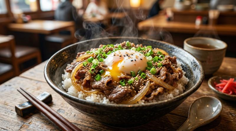 A steaming bowl of rice with thinly sliced beef, onions, and a poached egg, topped with sesame seeds and green onions, comforting restaurant-style presentation, ultra-realistic, no logos.