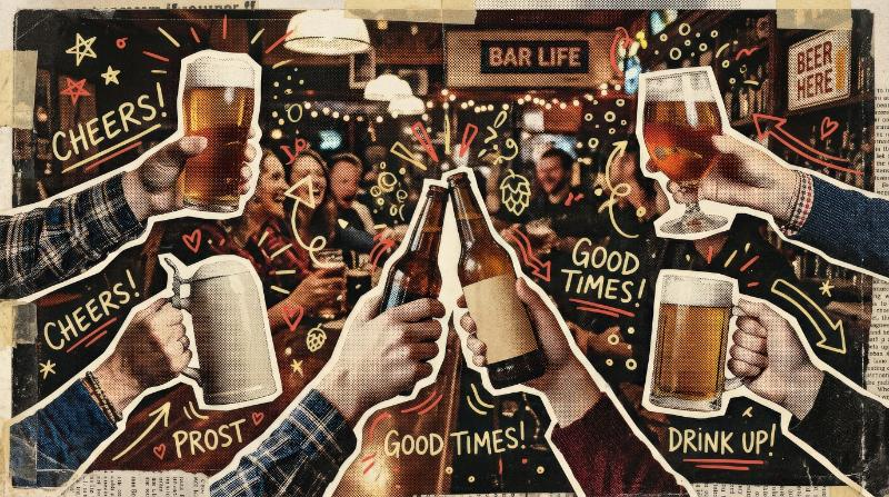 A halftone collage set of hands holding beer glasses, mugs and bottles, vintage dotted texture, celebratory doodles, lively bar atmosphere and retro mixed-media style, ultra-realistic, no logos.