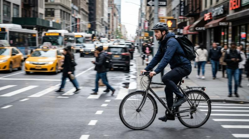A focused man commuting on a bicycle through a busy city environment, motion in the background, urban streetscape, active eco-friendly lifestyle energy, ultra-realistic, no logos.