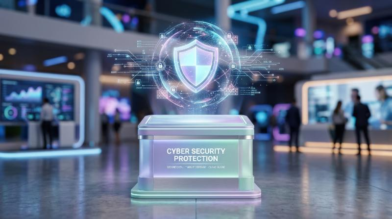 Cyber security protection concept with a pastel podium, clean secure design language, soft gradients, modern tech atmosphere, ultra-realistic, no logos.