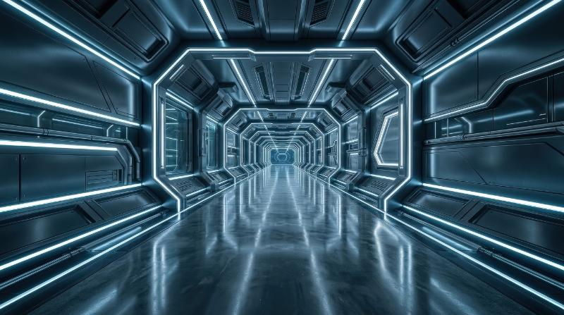 An empty futuristic sci-fi corridor with illuminated walls and polished cement floor, dramatic depth, clean showcase environment, ultra-realistic, no logos.