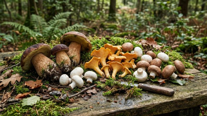 A mushroom assortment with chanterelles, porcini, button mushrooms, and forest moss on a rustic woodland surface, earthy detail and soft natural light, ultra-realistic, no logos.
