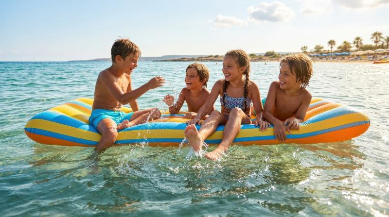Happy tanned kids floating on an inflatable mattress in the ocean, sparkling summer water, playful movement and carefree vacation joy, ultra-realistic, no logos.