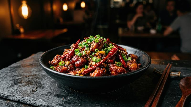 A spicy chili chicken dish with dried red peppers and green onions in a black bowl on a dark textured surface, glossy sauce, dramatic contrast, rich savory mood, moody restaurant lighting,