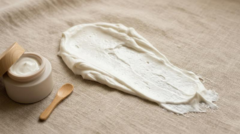 A creamy white sunscreen smear stretched across a beige backdrop, soft whipped texture, clean skincare styling and calm minimal beauty mood, ultra-realistic, no logos.