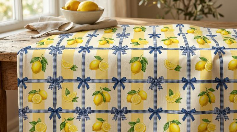 A checkered pattern with bows and lemons on a yellow striped background, sunny palette, fresh citrus charm and elegant retro energy, ultra-realistic, no logos.