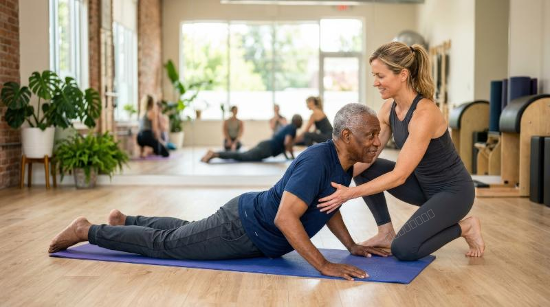 A senior African American man exercising in pilates class with a Caucasian female teacher, supportive posture, studio mats and bright wellness atmosphere, ultra-realistic, no logos.