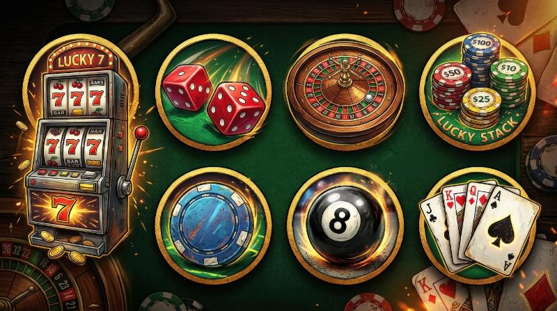 A casino icon set with slot machine, dice, roulette, chips, eight ball and cards, bold lucky-gaming concept with vivid hand-drawn energy, ultra-realistic, no logos.