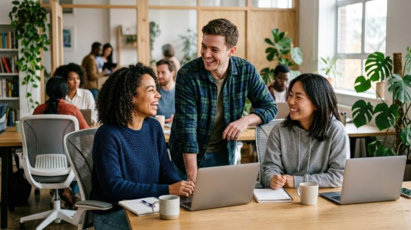 Three young adults smiling together in a casual office setting, relaxed posture, shared workspace background, soft daylight, fresh friendly atmosphere, ultra-realistic, no logos.
