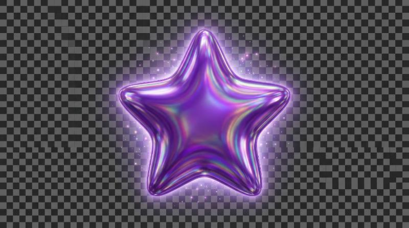 A holographic star shape in glossy purple pearl finish, isolated on transparent background, iridescent shimmer, smooth inflated edges, dreamy mystical mood, ultra-realistic, no logos.