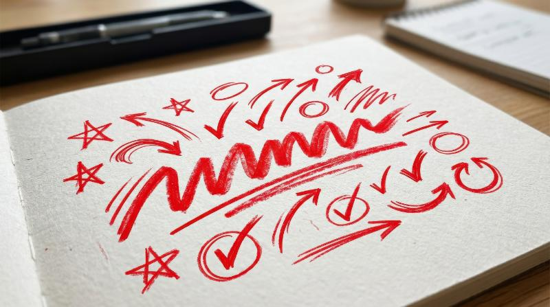 A red hand-drawn underline mark set with arrows, stars, checks and circles, vivid sketch emphasis with marker-chalk texture and expressive motion, ultra-realistic, no logos.