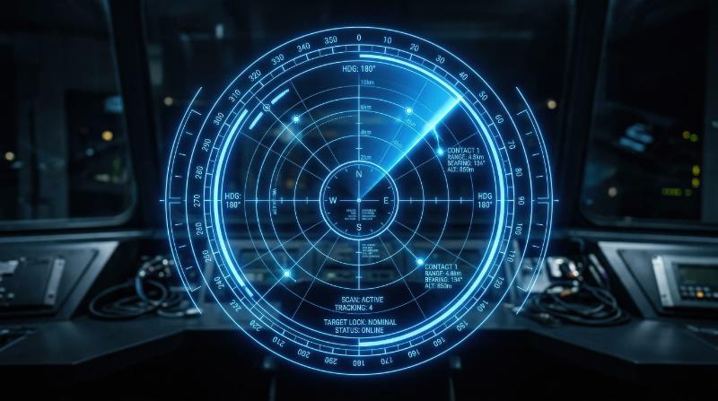 A blue glowing circular HUD ring with radar-style frame lines and clean digital scanner symmetry, ultra-realistic, no logos.