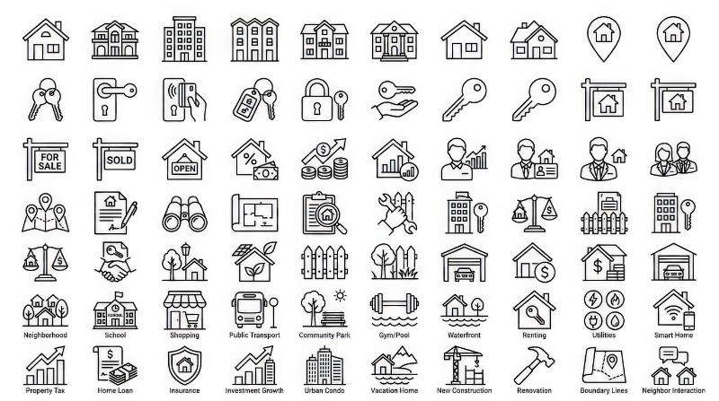 Real estate icons with homes, keys, property and housing symbols in a tidy editable outline collection on white, modern and professional, ultra-realistic, no logos.