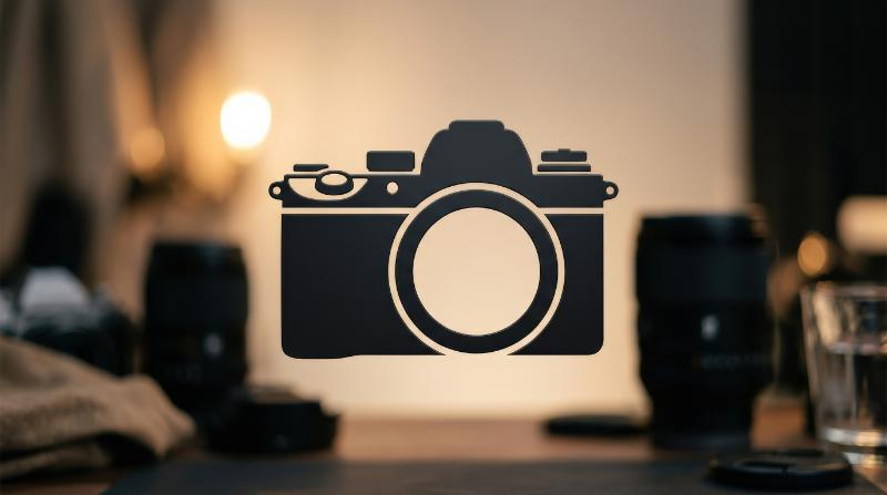 A camera silhouette icon with lens circle and classic body shape, clean photography atmosphere, ultra-realistic, no logos.