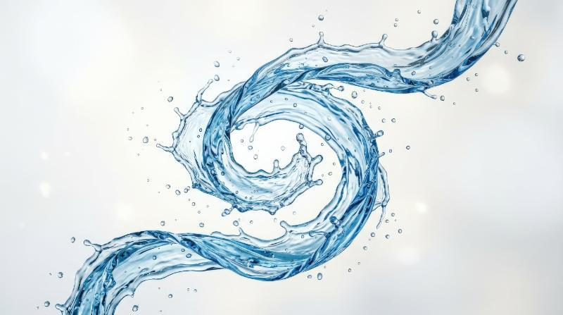 An abstract swirling splash of clear blue water or serum on a light background, elegant liquid motion, hydrating purity and refined beauty-health atmosphere, ultra-realistic, no logos.