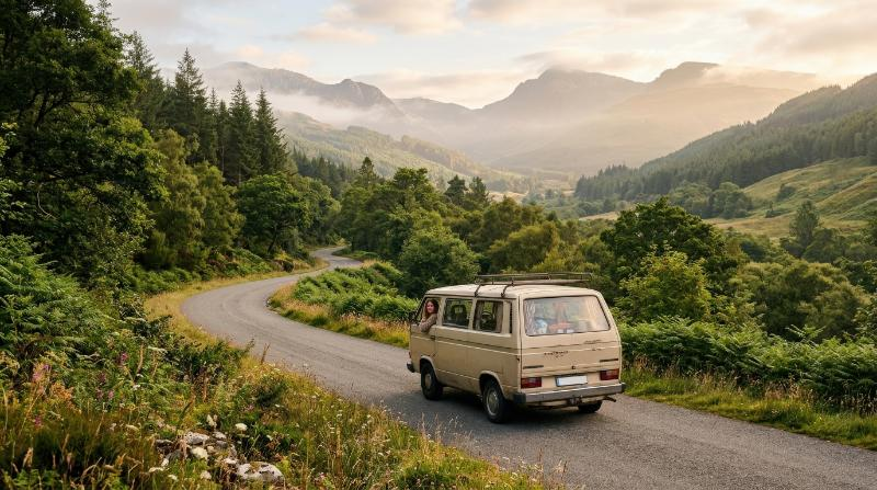 A dreamy travel scene blending open road and lush natural surroundings, free-spirited movement and calm wanderlust atmosphere, ultra-realistic, no logos.