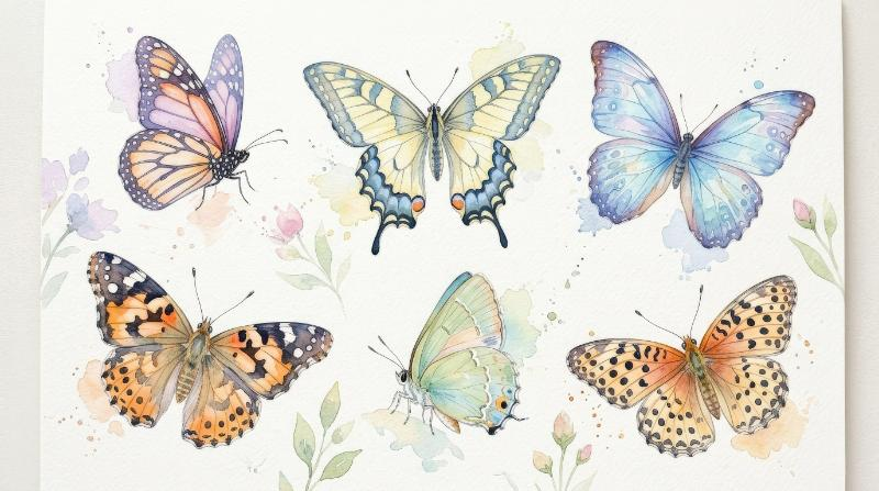 A watercolor butterfly illustration set, delicate wings in airy spring colors with soft translucent brushwork, graceful whimsical mood, ultra-realistic, no logos.