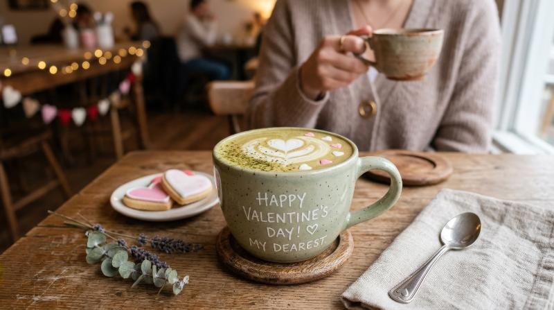 A cute Valentine scene with a matcha latte cup and affectionate message, creamy foam texture, pastel accents, cozy sweet atmosphere, ultra-realistic, no logos.
