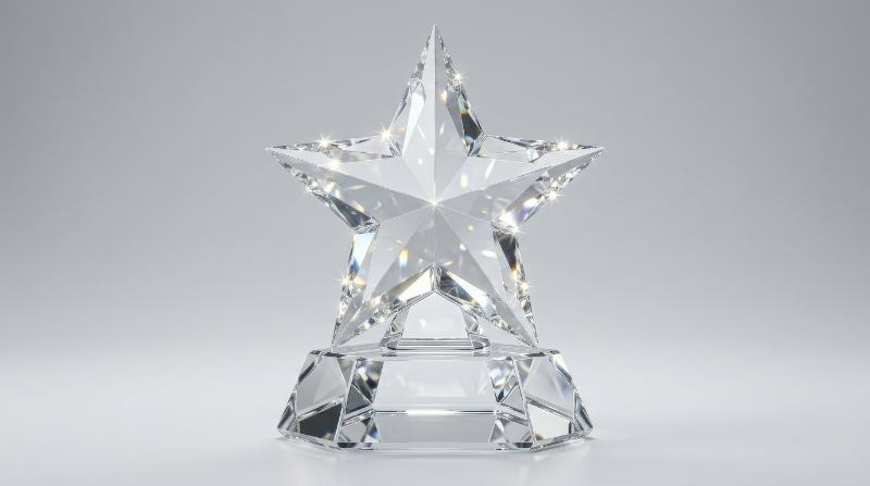 A star-shaped crystal trophy isolated on a plain background, faceted glass shine and refined award-like brilliance, celebratory premium mood, ultra-realistic, no logos.