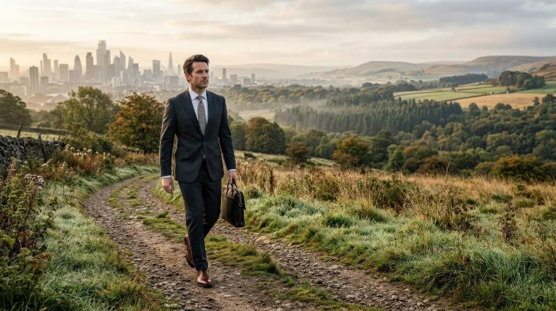 A businessman commuting from the city into nature, formal attire contrasted with open landscape, path leading outward, symbolic transition, fresh morning light, ultra-realistic, no logos.