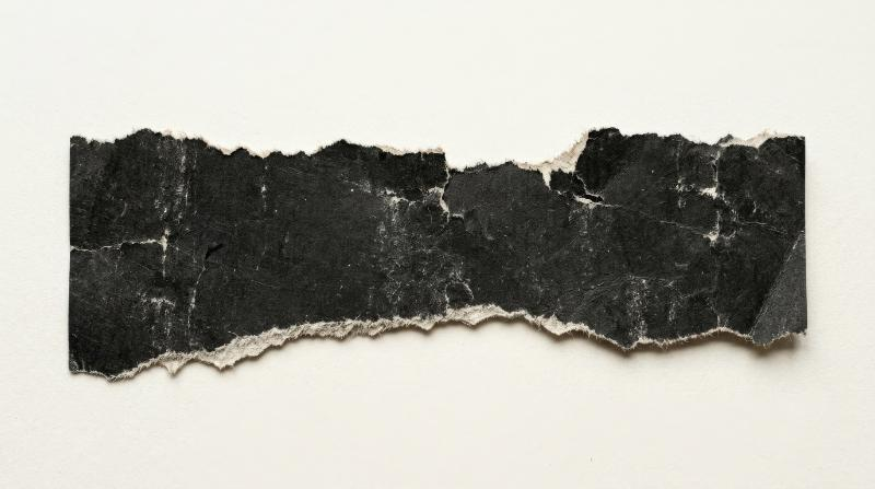 A strip of torn black paper with rough rip edges and worn texture, jagged collage silhouette on clean background, raw grunge label atmosphere, ultra-realistic, no logos.