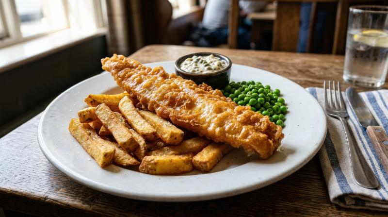 Crispy golden fish and chips served with tartar sauce and peas on a white plate, crunchy texture and classic comfort-food styling under bright natural light, ultra-realistic, no logos.
