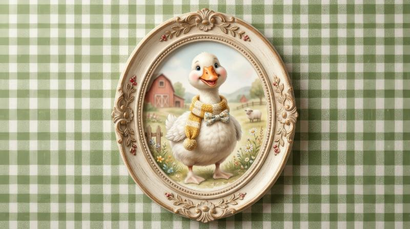 A funny goose character inside an oval frame on a green checkered background, soft nursery styling and cheerful farmyard whimsy, ultra-realistic, no logos.