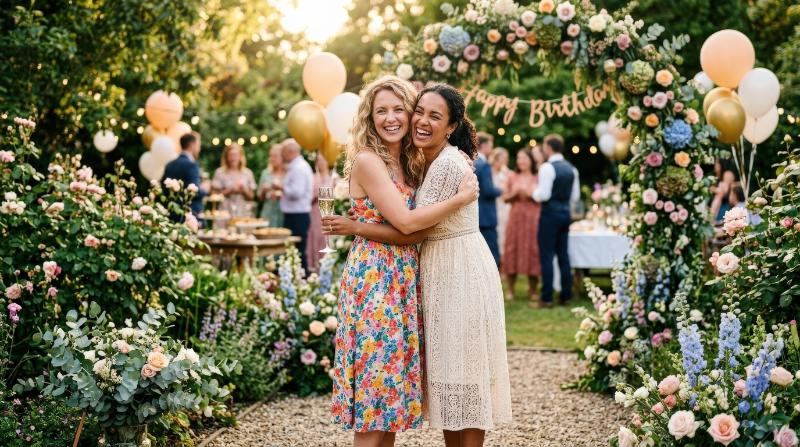 Two women greeting each other during a birthday party in a garden, floral decorations, soft sunlight and warm affectionate celebration, ultra-realistic, no logos.