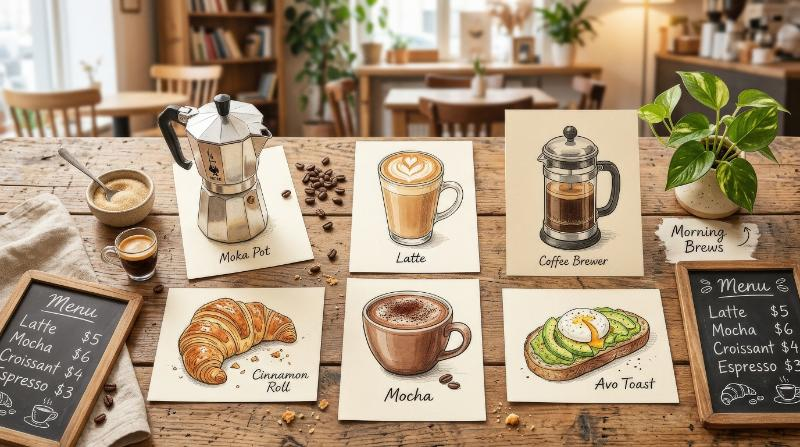 A charming assortment of hand-drawn cafe items and beverages including coffee makers, pastries, espresso, latte, and mocha, cozy breakfast mood, soft warm palette, playful yet refined atmosphere,