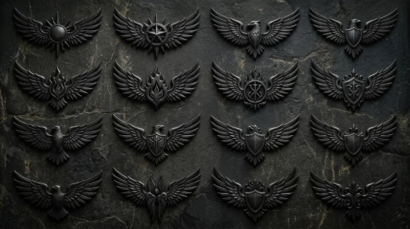 A dramatic set of black wing icons, angelic and bird-inspired badge shapes with bold silhouettes and elegant symmetry, mystical emblem atmosphere, ultra-realistic, no logos.
